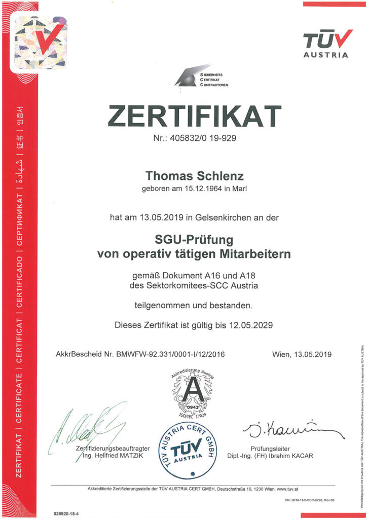 Zertifikat SGU / SCC – TÜV Austria